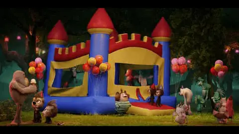 A colorful, child's inflatable castle
