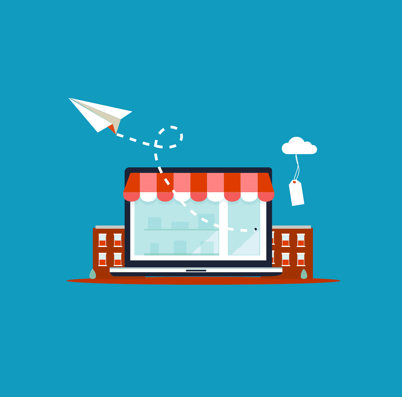 illustrated computer with business storefront 