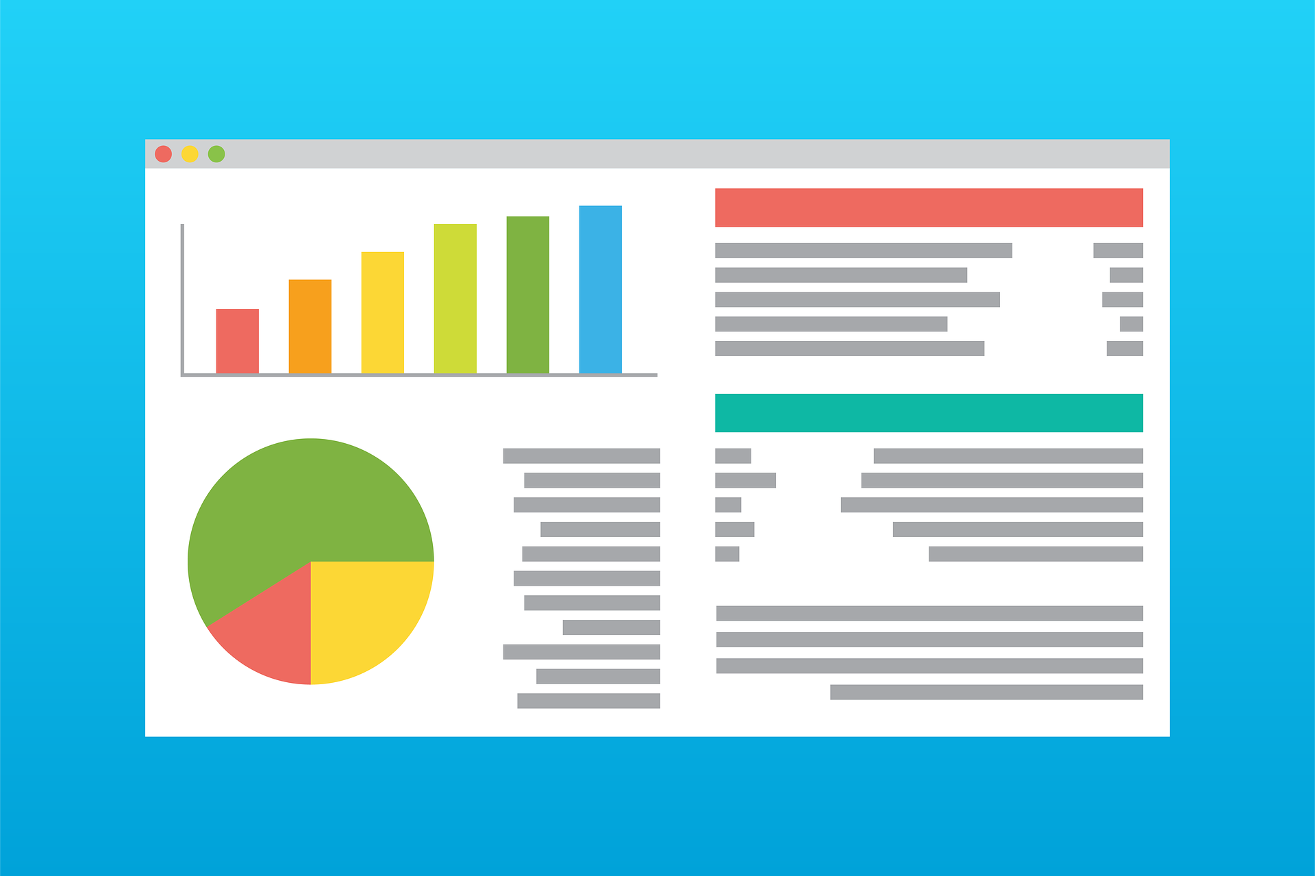 An illustration of a website with content and graphs demonstrating website management, maintenance, and analytics.